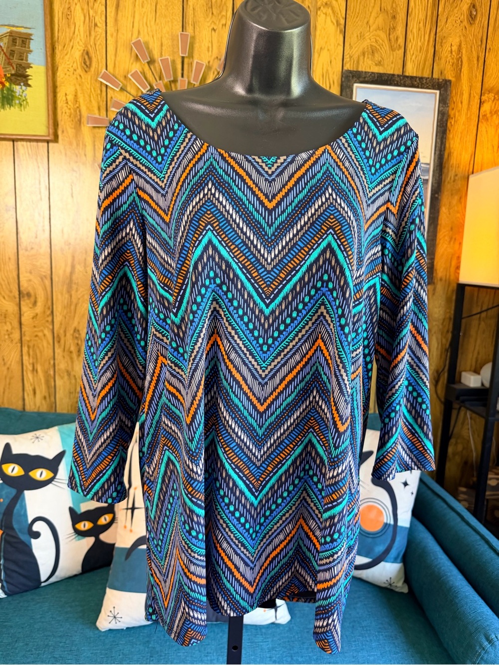 Cato Multicolor Chevron-Pattern Top with Swingy Back Panel Detail